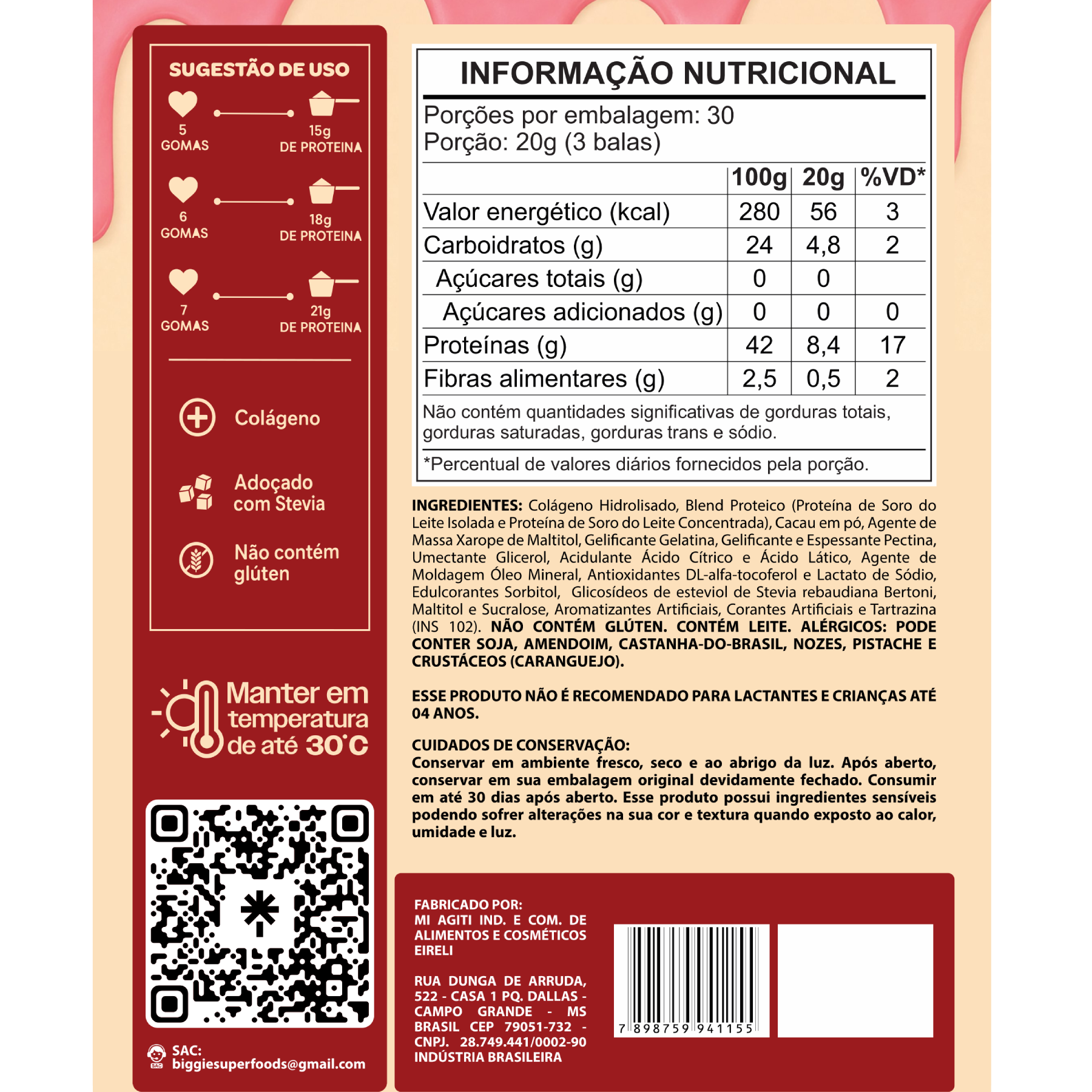 Tabela nutricional do sabor selecionado